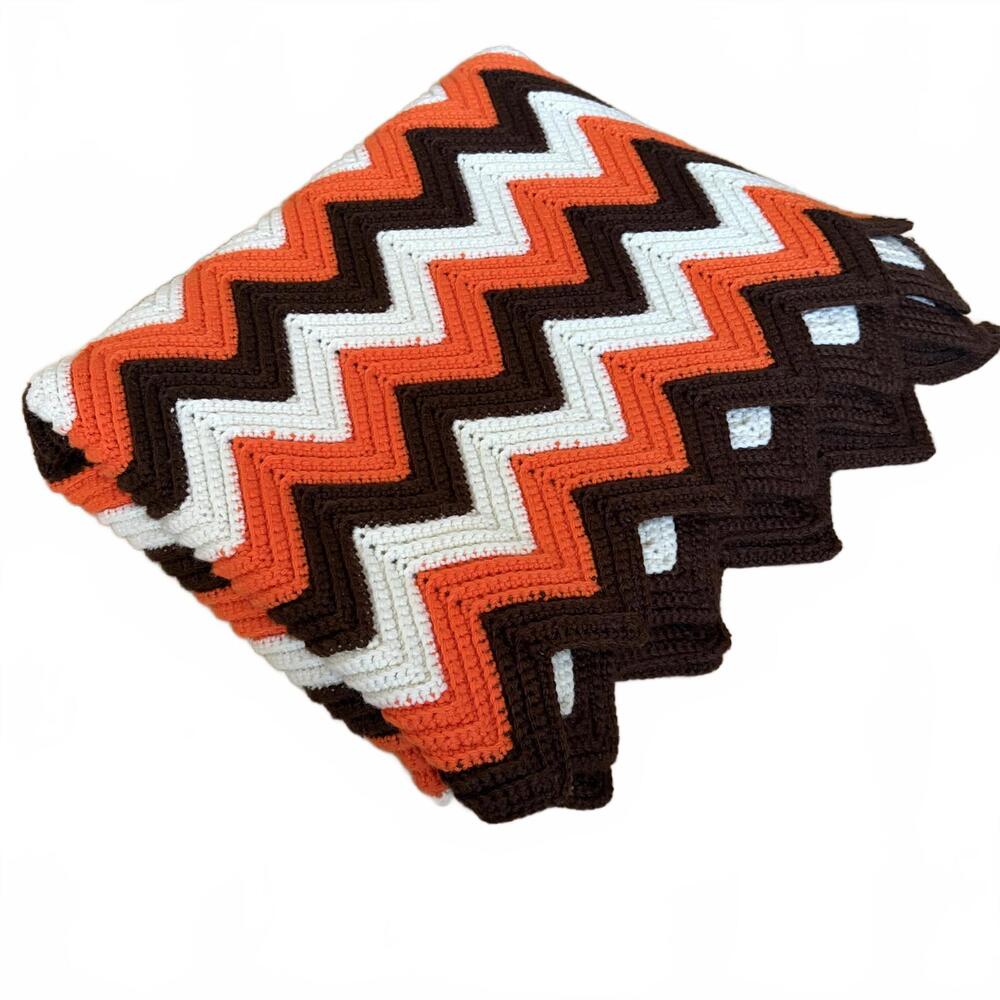 Vintage MCM Retro Chevron Crochet Afghan Throw Blanket Lap Mid Century 63"x38"